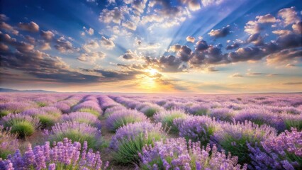 Serene Sunrise Over a Vast Lavender Field, Bathed in Golden Light and Dramatic Clouds
