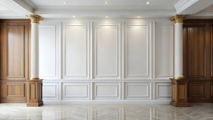 Elegant Interior with White Paneling and Wooden Accents Featuring Ornate Columns and Polished Flooring