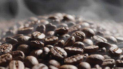 A captivating closeup shot of freshly roasted coffee beans emitting delicate wisps of steam highlighting their rich texture and inviting aroma perfect for illustrating the warmth and quality of a mor.