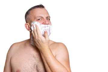 Man shaving face with foam isolated on transparent background.