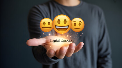 Person presenting digital emotions with smiley emojis