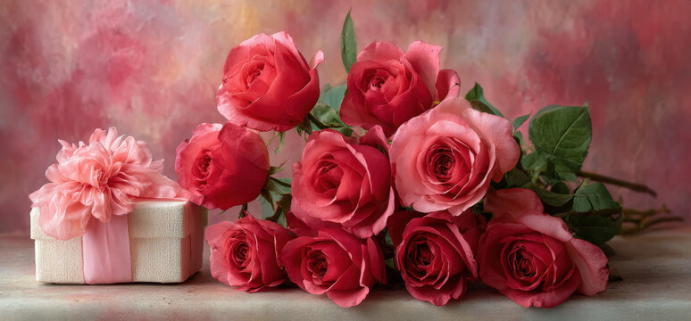 vibrant red rose bouquet embracing wrapped gift box on soft pink canvas evoking tender romance for valentines wallpaper or elegant banner with ample copy space
