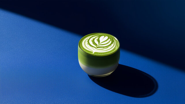 上面から見た抹茶ラテのロゼッタが深い青に映える