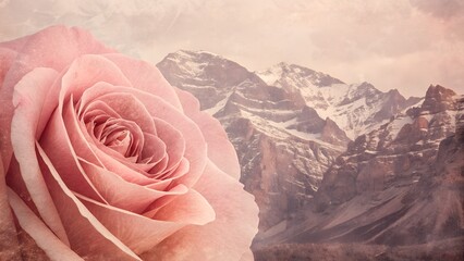 Romantic Rose Flower with Mountain Landscape and Soft Pastel Mood