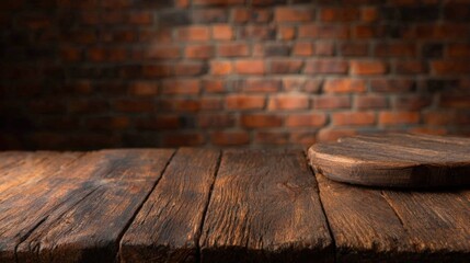 A rustic wooden table with a circular cutting board against a textured brick wall, ideal for food photography, restaurant menus, or interior design projects,