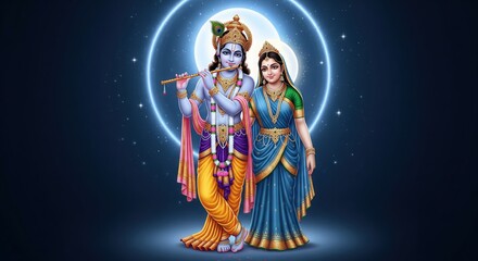 Fototapeta premium Radha Krishna Under Moonlight with Serene Blue White Devotional Aura