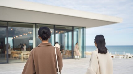 Dos mujeres caminando hacia un restaurante moderno frente al mar, Espacios de coworking con vistas al océano, Imagen para campaña de moda atemporal