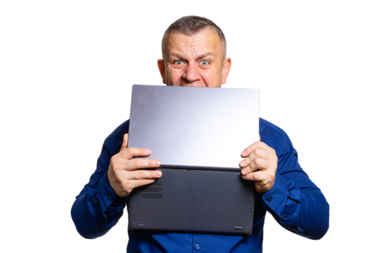 Angry man hiding face behind laptop frustration concept, on transparent background. - Powered by Adobe