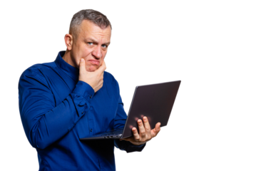 Thoughtful man using laptop decision making concept, on transparent background.