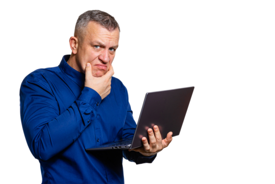 Thoughtful man using laptop decision making concept, on transparent background. - Powered by Adobe