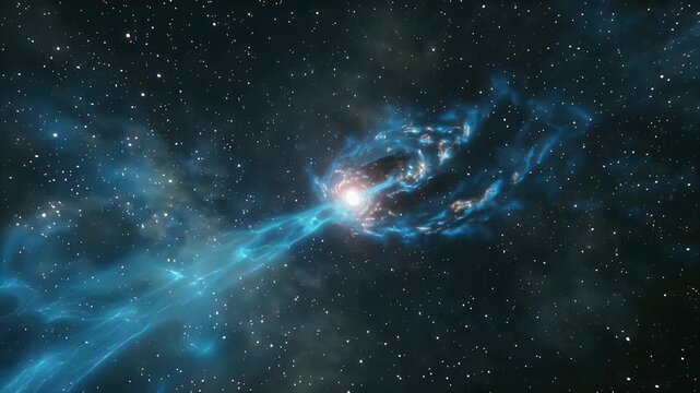 Vibrant blue cosmic jet extending from a luminous nebula across deep space