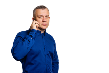 Serious man listening to phone call business concept, on transparent background.