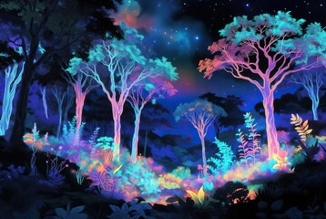 Naklejka premium A mystical night scene in a fantasy forest filled with glowing trees and vibrant, colorful plants under a starry sky