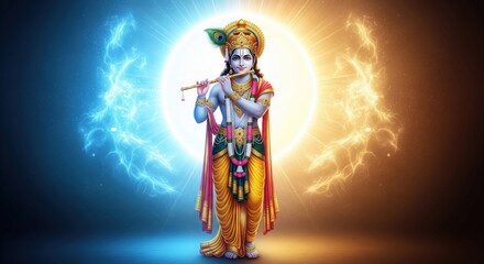 Fototapeta premium Lord Krishna with Blue and Golden Energy Balance Divine Devotional Illustration