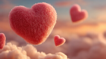 Obraz premium sparkling crystalline red heart drifts through sunset clouds with floating companions evoking dreamy romance perfect for valentines wallpaper or whimsical banner