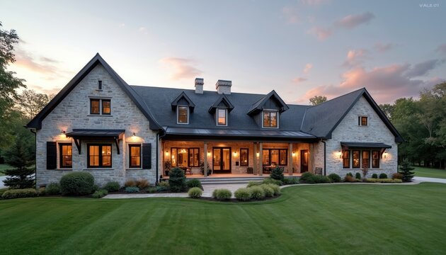 Elegant stone farmhouse with wrap-around porch sits on manicured lawn at dusk. Country estate features modern architecture, green grass, surrounding trees. Luxury residence offers scenic views under