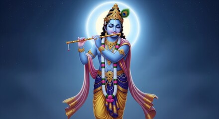 Obraz premium Lord Krishna Playing Flute Under Moonlight with Serene Devotional Aura