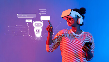 A happy user engages with a virtual reality AI chatbot, showcasing the blend of technology and personal assistance in modern interactions and innovative experiences. XDMCP
