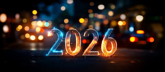 Glittering 2026 in vibrant blue and orange heavily defocused new year celebration background happy new year 2026 festive visualization colorful party atmosphere annual