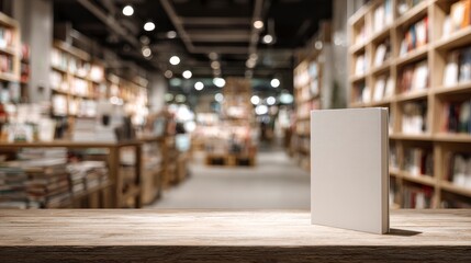 A blurry bookstore interior with wooden shelves filled with books. A blank book sits on a wooden table in the foreground