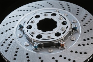 Close-up view of a perforated brake disc with central hub and mounting bolts