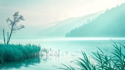 Misty Lakeside Landscape with Lone Tree and Teal Sky &ndash; Serene Nature Scene