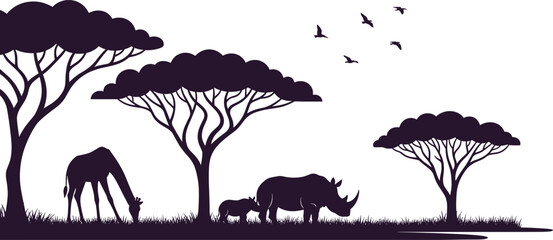 Black silhouette of rhino and giraffe grazing under trees with birds flying savannah © Mokarrm Art