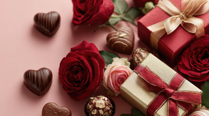 romantic red roses blooming amid heartshaped chocolates and gilded gift boxes on blush tabletop evoking tender affection perfect for valentines wallpaper or ad banner