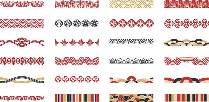 Traditional Japanese Border Patterns and Oriental Decorative Line Motifs Set.
