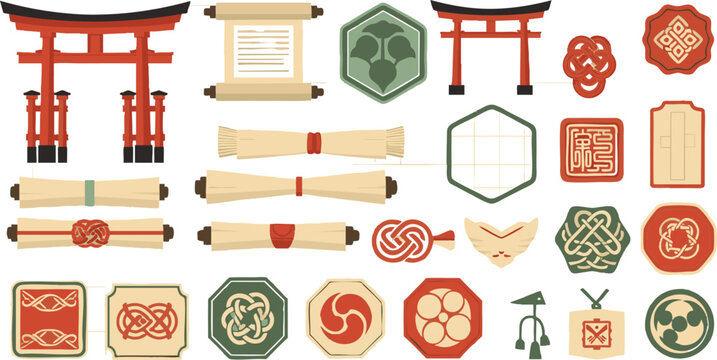 Traditional Japanese Cultural Symbols Set with Torii Gate, Paper Scrolls and Asian Emblems.