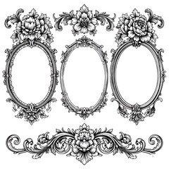 Ornate oval frames adorned with floral embellishments; top and bottom floral decor
