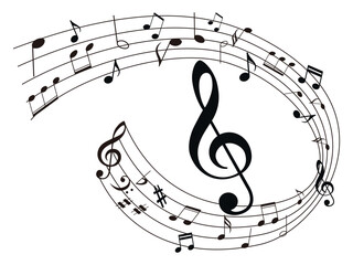 Music notes with curves, swirls vector illustration. Melody element. Musical note. Staff treble clef notes musician concept vector isolated on transparent background. 