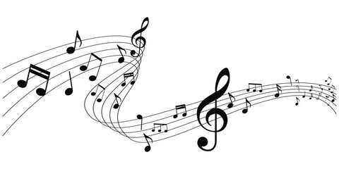 Music notes wave, Curve musical signs, sound wave line symbol, acoustic composition, Musical notes background, abstract music wave illustration. © skilleddesigner90