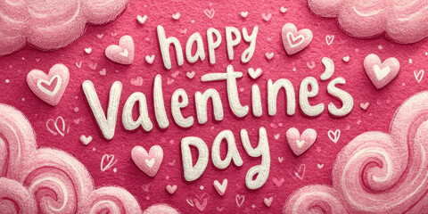 whimsical pink valentines day illustration showcasing handwritten happy greeting surrounded by swirling hearts and textured clouds ideal for romantic wallpapers and festive social media banners