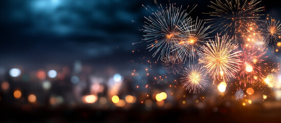 Happy new year 2026 fireworks display with bright sky celebration heavily defocused background pyrotechnic festive visualization annual milestone party atmosphere with copy spa