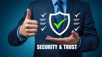 Businessman presenting security and trust with shield icon and thumbs up