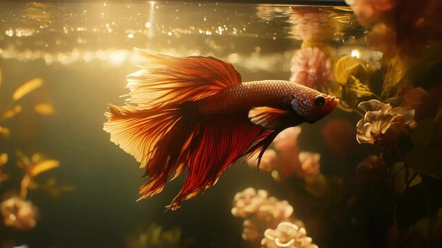 A stunning betta fish gracefully swims among beautiful floral decorations in a tranquil, serene underwater scene that captures the essence of aquatic beauty and the delicate ecosystem it thrives in