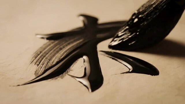 Close up view captures the beautiful thick black ink stroke of a traditional chinese calligraphy character being formed on textured paper.