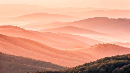 Rolling Hills and Misty Mountains in Pink-Orange Light &ndash; Tranquil Sunrise Landscape
