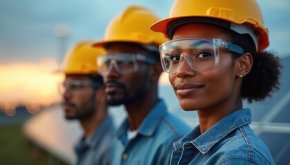 Diverse team of African American engineers in hard hats and safety glasses stand on solar farm at sunset. People work together on clean energy project. Future tech job team.