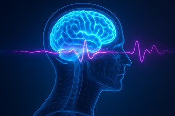 Glowing blue brain with pink ECG line in human head