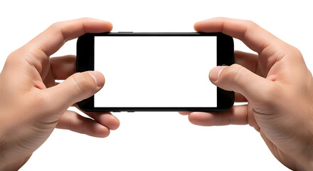 Hand holding a smartphone horizontally with a blank white screen on a transparent background