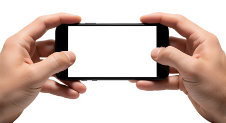 Hand holding a smartphone horizontally with a blank white screen on a transparent background