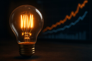 Glowing light bulb with bright orange filament and increasing graph background