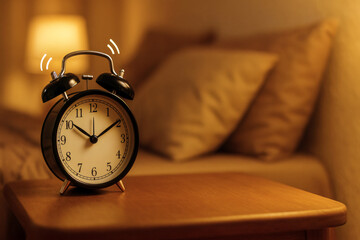 Naklejka premium Ringing Alarm Clock on Wooden Nightstand in Bedroom