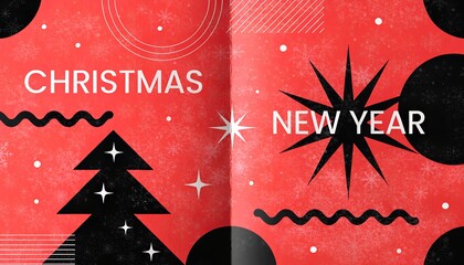 Christmas and New Year Banner with Decorative Icons on Red Background &ndash; Festive Holiday Design