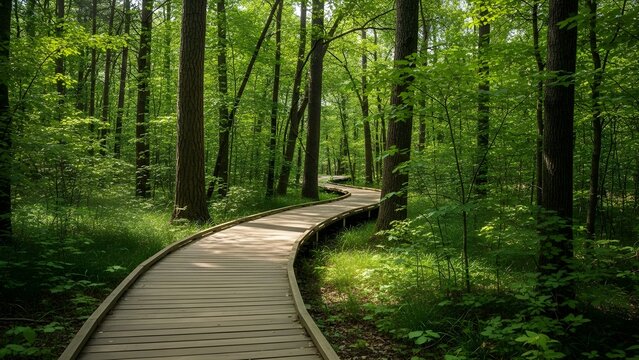 Serene Forest Boardwalk Through Lush Green Trees and Foliage