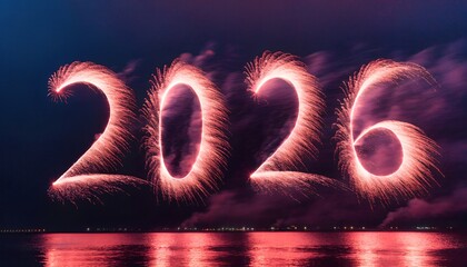 2026 Fireworks Typography Over Water &ndash; Red Glow Celebration in Night Sky