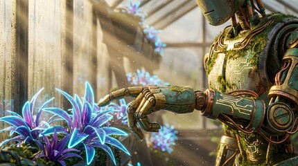 Cyborg hand gently touching glowing blue flowers in a futuristic greenhouse.