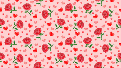 Seamless Valentine Rose and Heart Pattern on Pink Background